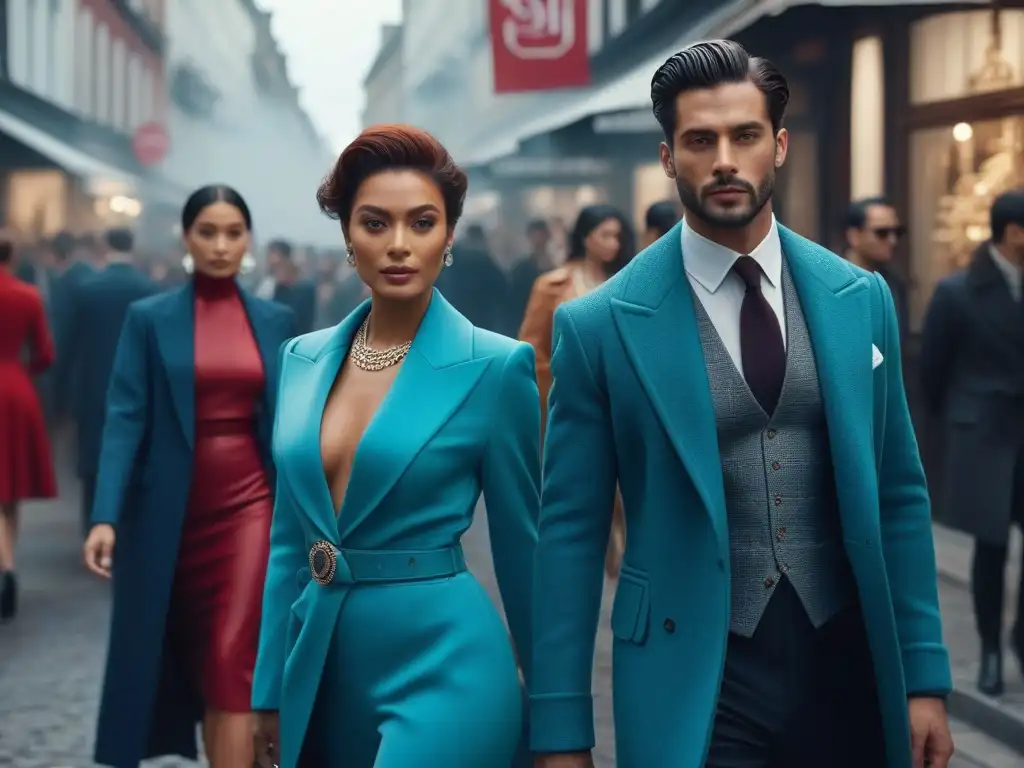Desfile de moda sostenible: diversidad y elegancia en la ciudad Un grupo diverso y elegante de personas camina con confianza por una calle de ciudad, luciendo moda de lujo segunda mano