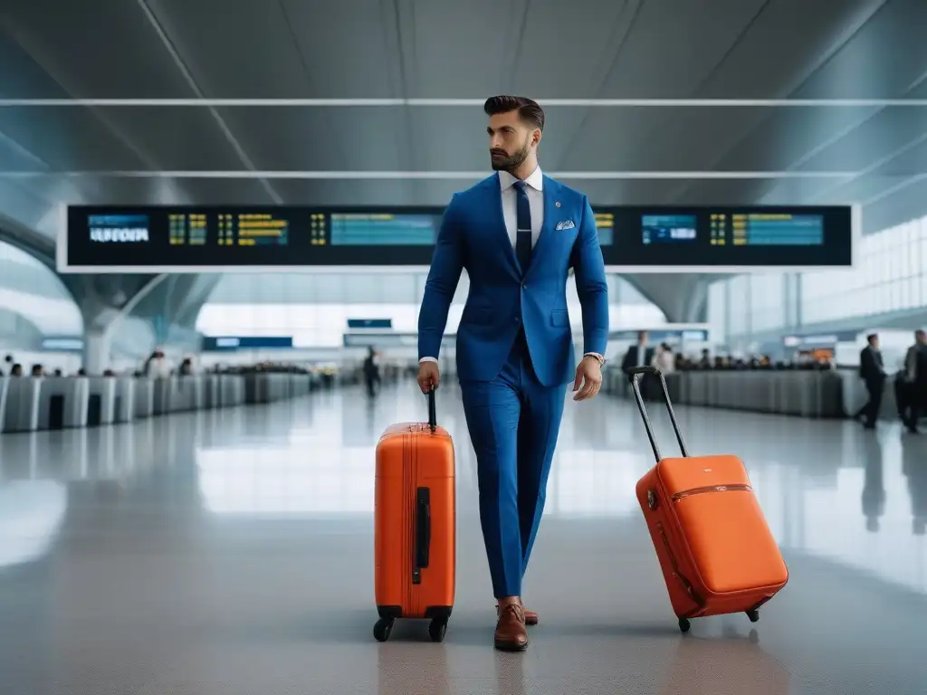 Viajeros sofisticados con equipaje de alta calidad en aeropuerto Un grupo diverso y elegante de viajeros, con ropa de calidad para todos, luciendo confianza y sofisticación en un bullicioso aeropuerto
