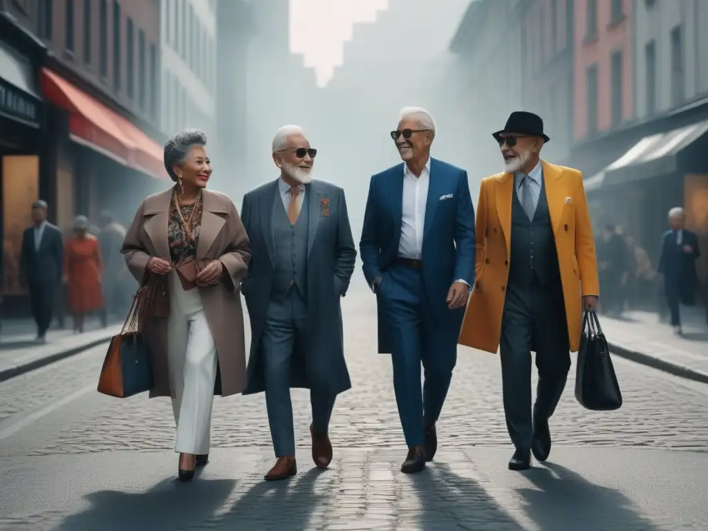 Estilo senior diverso y moderno en la ciudad Un grupo diverso de elegantes adultos mayores pasea con confianza por la ciudad, mostrando su estilo personal moda senior diverso