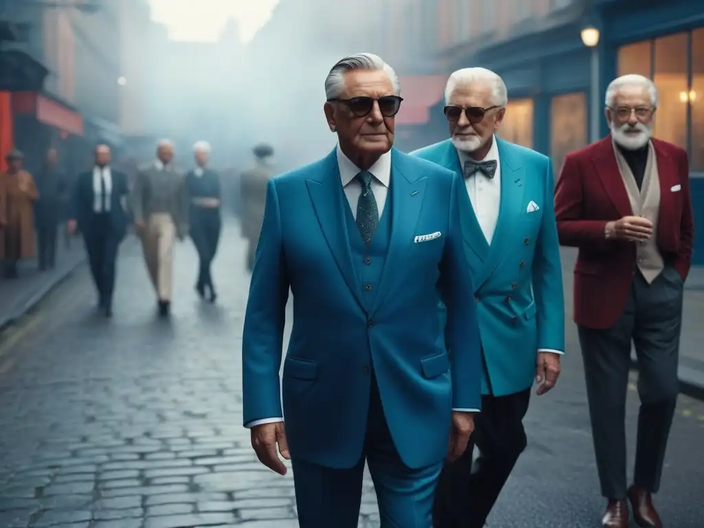 Moda para mayores: Estilo y elegancia en la ciudad Un grupo diverso de seniors elegantes camina con confianza por la ciudad, fusionando moda moderna y elegante