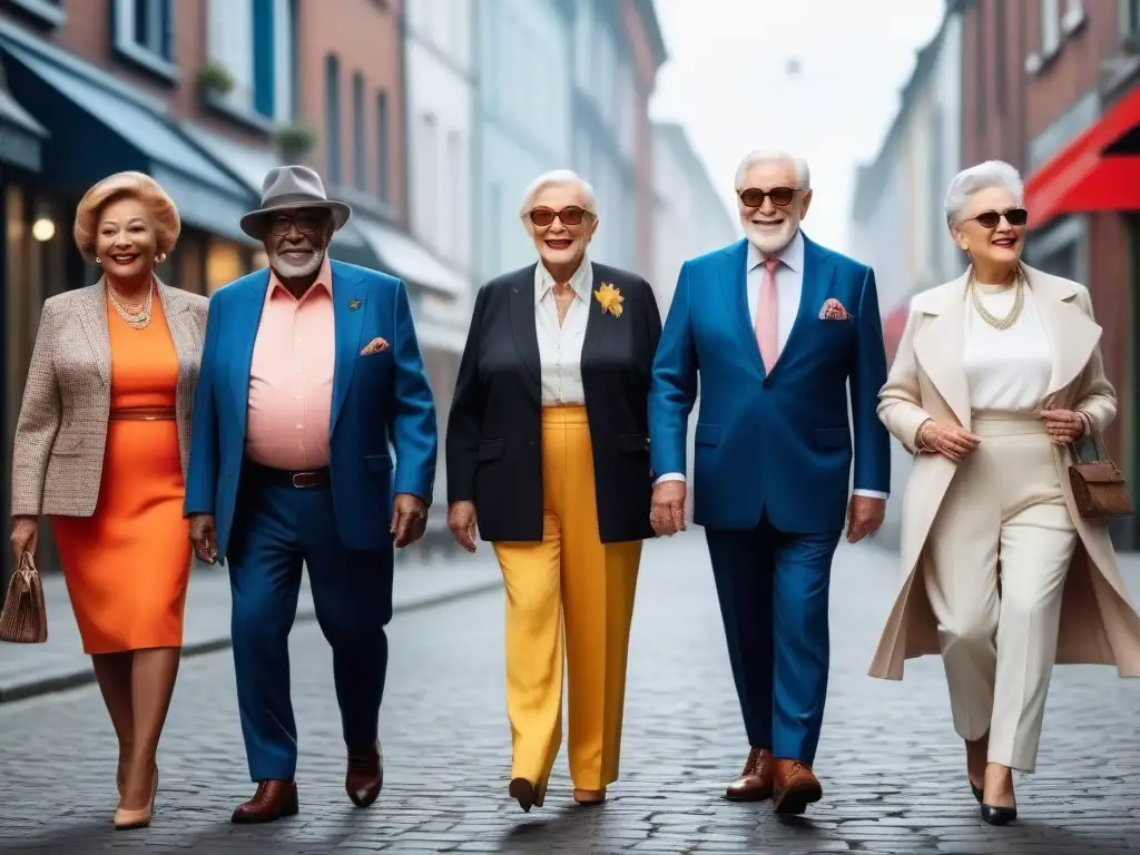 Moda inclusiva para seniors: elegancia y estilo urbano Grupo diverso de seniors con outfits elegantes y funcionales para cada día de la semana en entorno urbano sofisticado