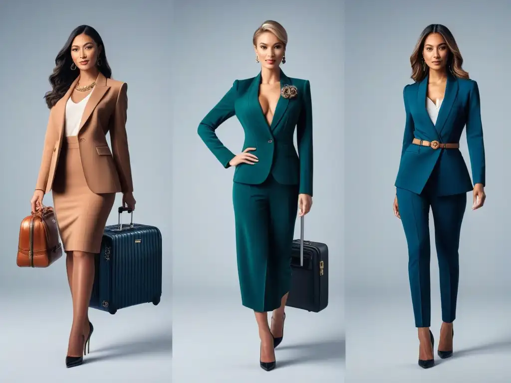 Viajeros elegantes con maletas de lujo en aeropuerto moderno Un grupo diverso de elegantes viajeros interactuando con maletas de lujo en un elegante salón de aeropuerto