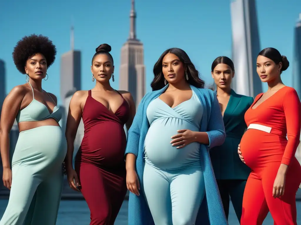 Moda de maternidad inclusiva: mujeres embarazadas diversas lucen estilos urbanos con confianza Grupo diverso de embarazadas posando con estilo en moda maternal inclusiva en la ciudad