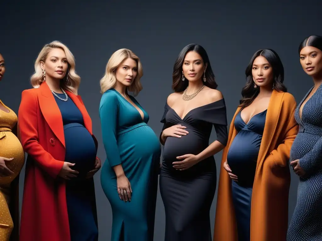 Moda premamá inclusiva y chic: estilos únicos para todas Grupo diverso de embarazadas estilosas con moda maternidad tallas grandes exclusiva en estudio de moda moderno