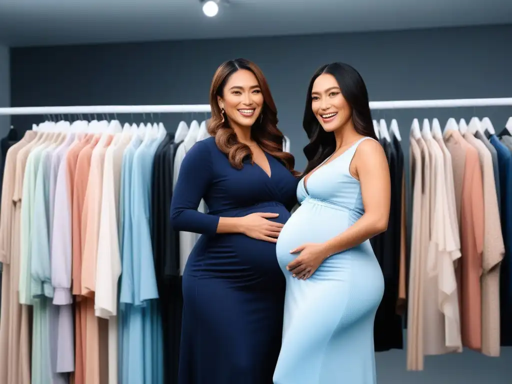 Moda prenatal inclusiva: mujeres embarazadas de diferentes etnias y estilos corporales eligen ropa con confianza en una boutique elegante Grupo diverso de embarazadas felices probándose ropa de maternidad en una boutique moderna y luminosa, con una guía tallas ropa maternidad perfecto