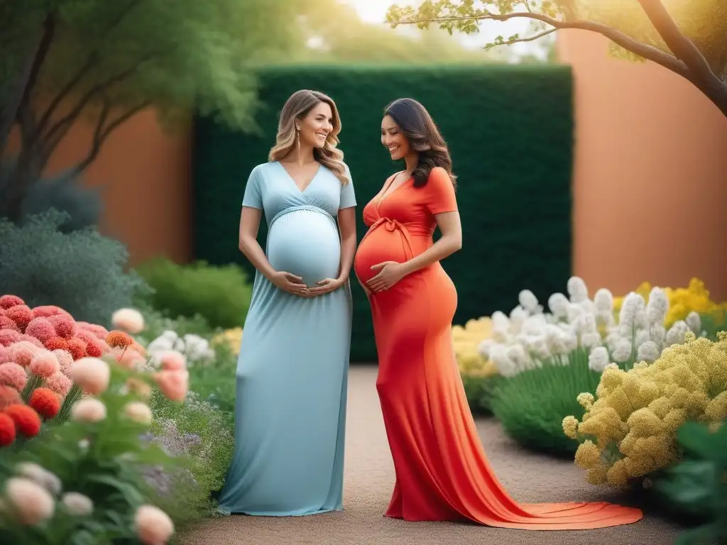 Maternidad radiante: mujeres embarazadas felices en jardín vibrante Grupo diverso de embarazadas felices en jardín colorido