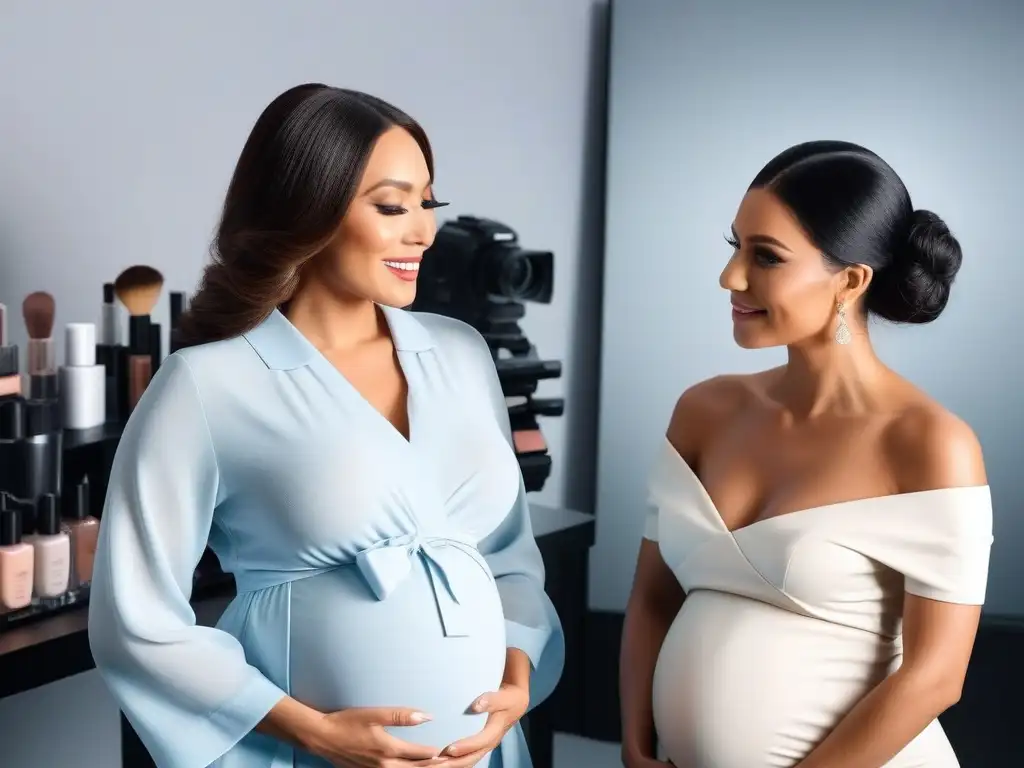 Maquillaje de lujo para embarazadas: diversidad y belleza Un grupo diverso de embarazadas aplicando maquillaje seguro en un estudio moderno y lujoso