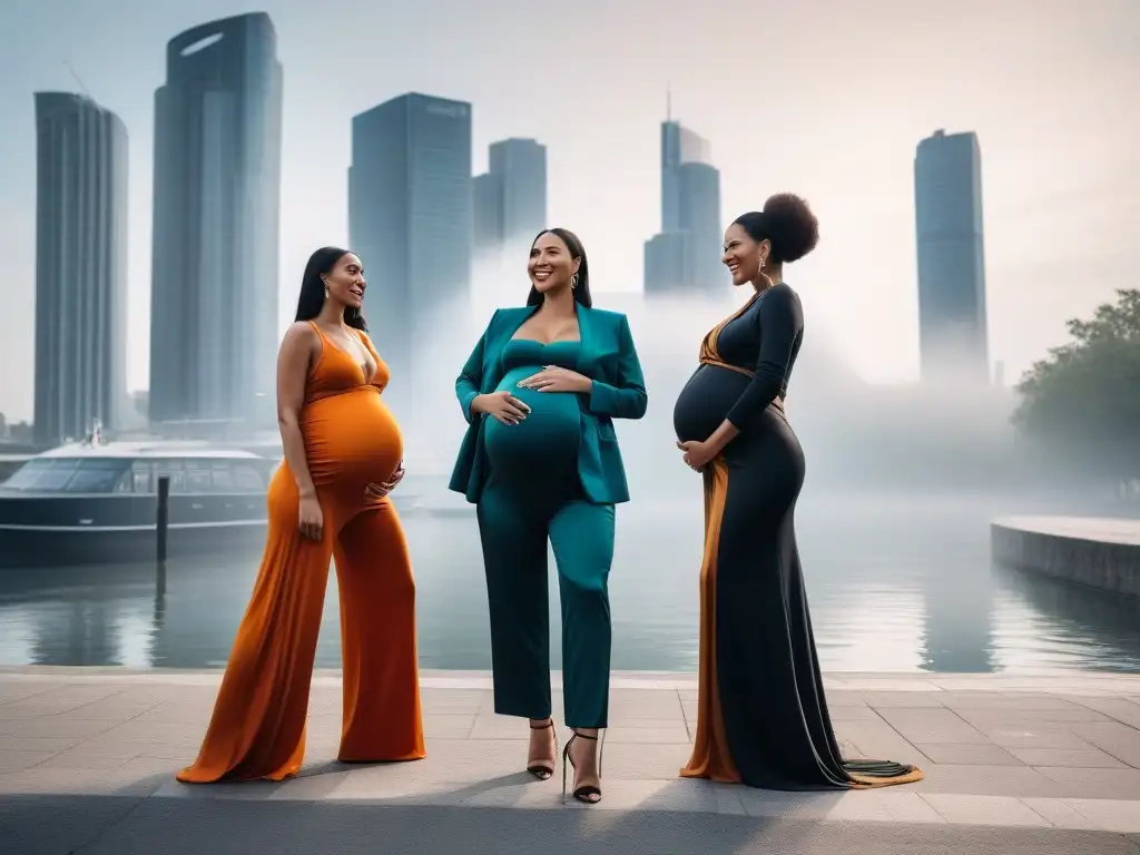 Moda prenatal inclusiva: mujeres embarazadas de diferentes etnias y estilos lucen trendy en la ciudad Grupo diverso de embarazadas modelando moda maternidad inclusiva de marcas en la ciudad