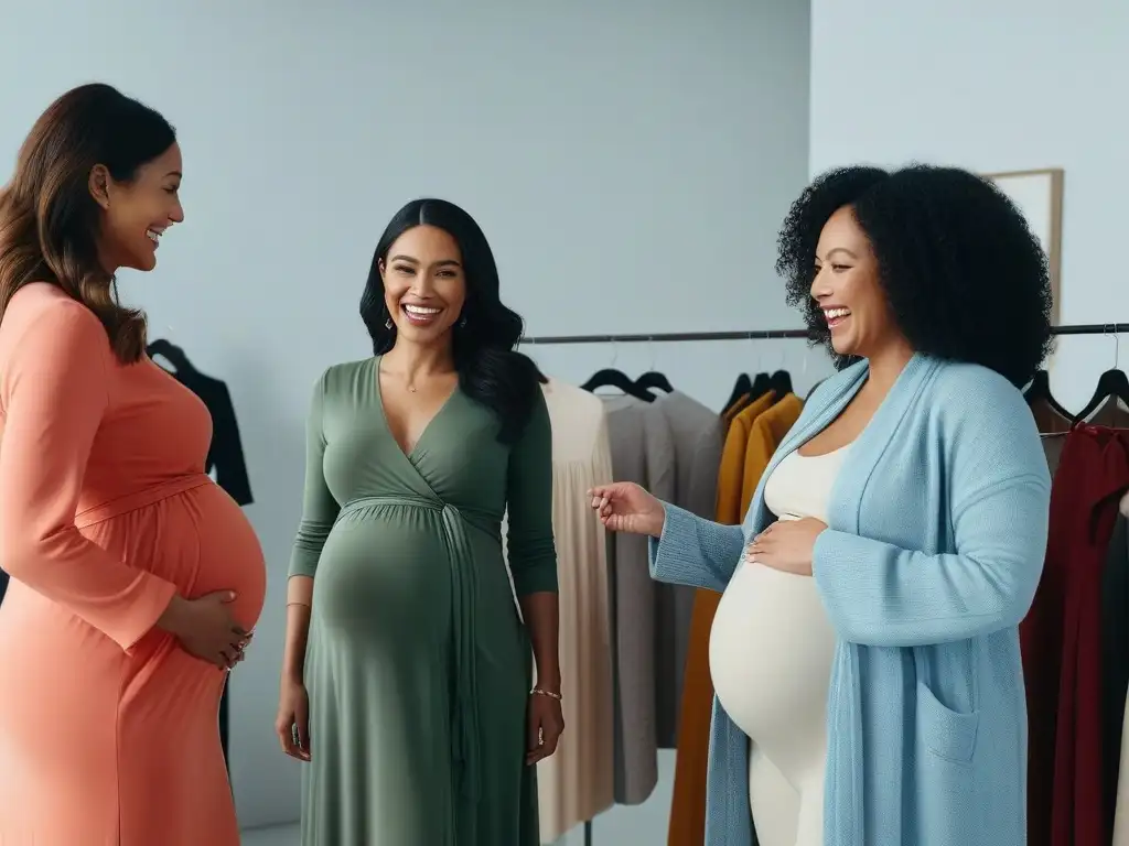 Embarazadas felices probándose ropa de maternidad en boutique inclusiva Grupo diverso de embarazadas probándose ropa materna en boutique moderna y luminosa