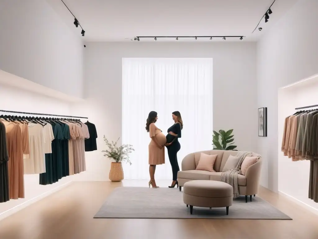 Elegante diversidad: embarazadas felices probando moda de maternidad Grupo diverso de embarazadas probándose ropa de maternidad en una boutique moderna y luminosa, promoviendo la inclusividad y la positividad corporal