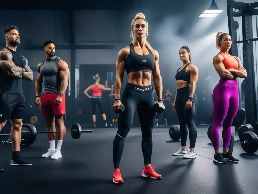 Grupo diverso en gym de CrossFit: inclusivo, colorido y empoderado Un grupo diverso y empoderado en un gimnasio CrossFit con equipamiento variado