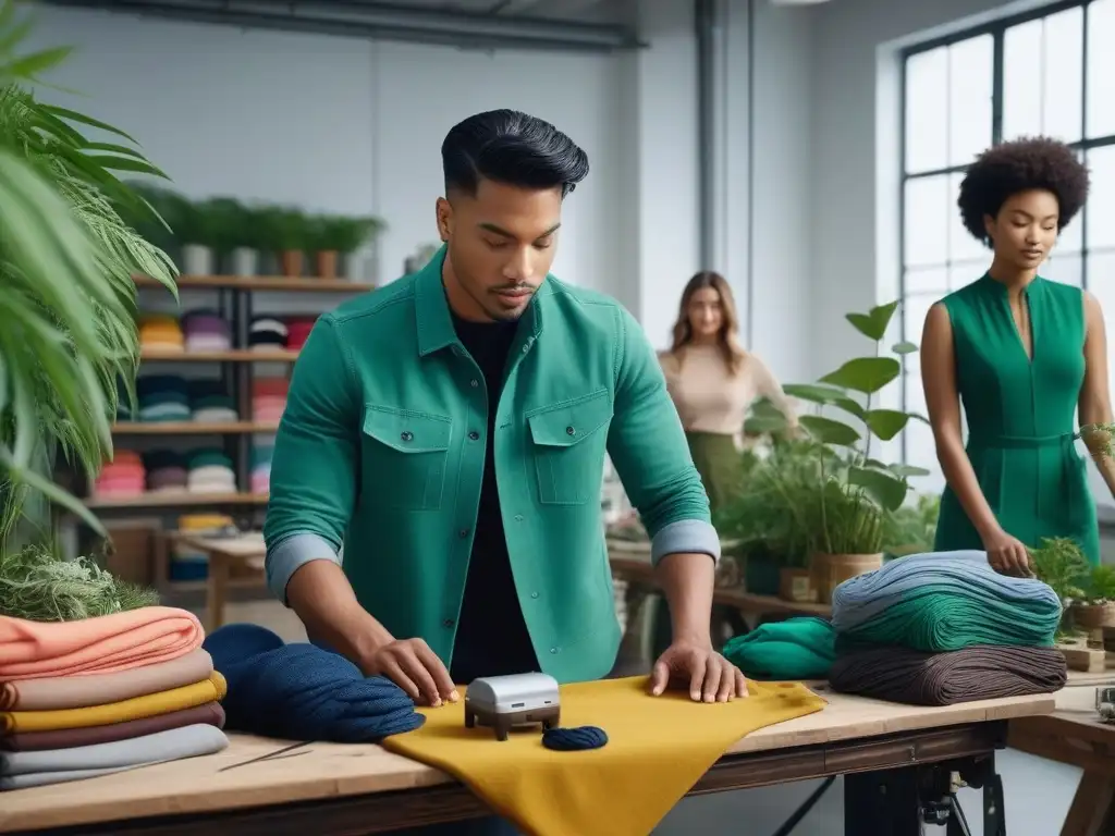 Estudio de moda sostenible: jóvenes emprendedores creativos Grupo diverso de emprendedores en un estudio de moda sostenible, creatividad y colaboración