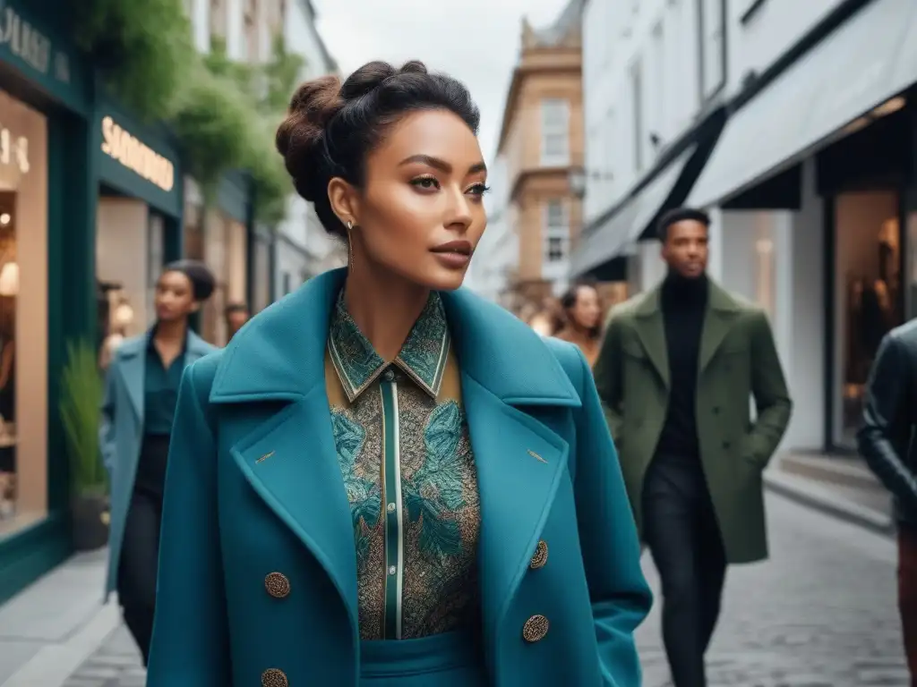 Un grupo diverso de emprendedores de moda sostenible camina con confianza por una bulliciosa calle de la ciudad, simbolizando éxito y determinación