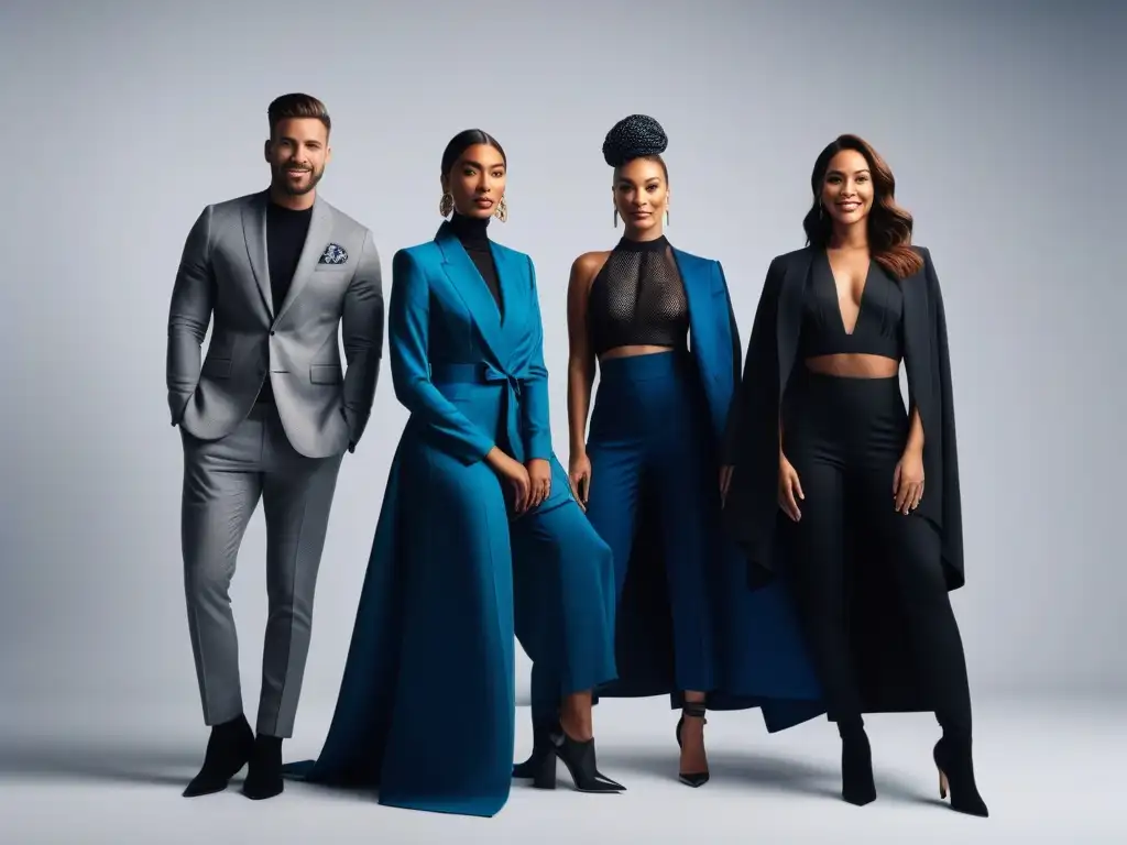 Un grupo diverso de emprendedores de moda sostenible exitosos posando con confianza en un estudio moderno, exhibiendo diseños ecofriendly únicos