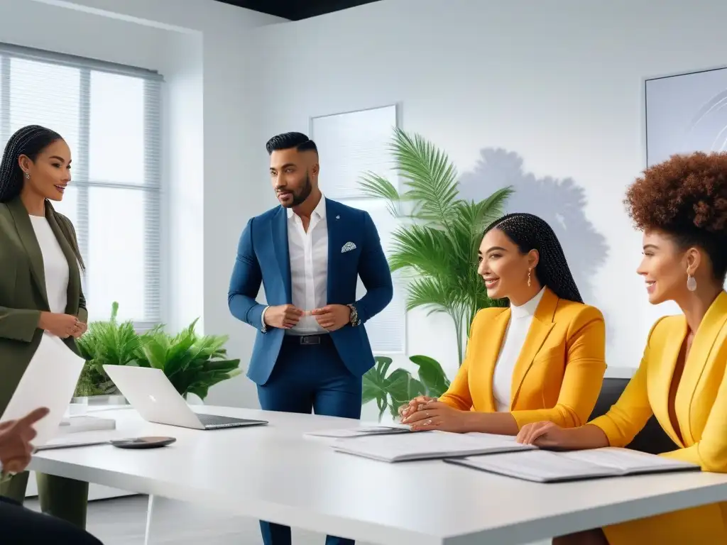 Reunión de emprendedores de moda: innovación y colaboración Un grupo diverso de emprendedores de moda discute consejos financieros en una oficina elegante y luminosa
