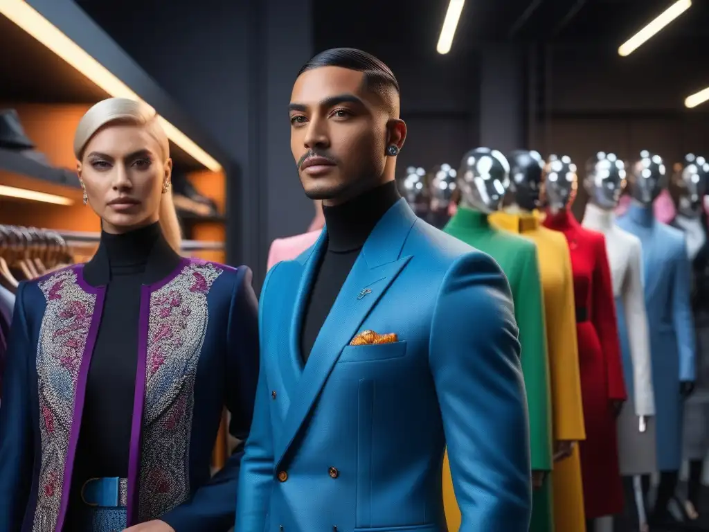 Emprendedores de moda trans y no binarios en showroom vanguardista Un grupo diverso de emprendedores transgénero en la moda, luciendo atuendos vanguardistas en un showroom moderno y lleno de innovación
