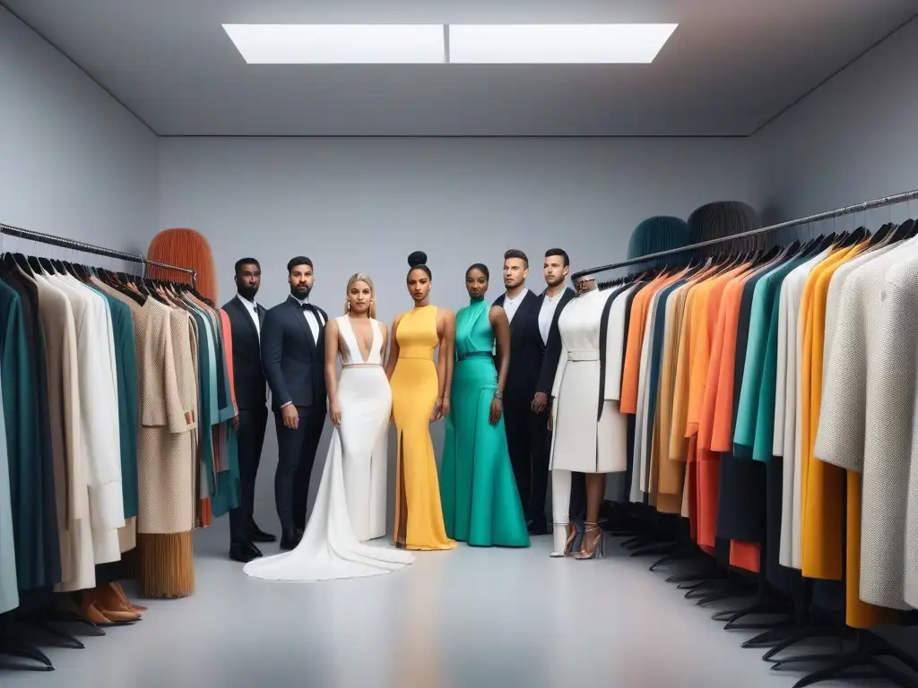 Emprendedores de moda empoderados en un atelier vanguardista Un grupo diverso de emprendimientos moda desafían estereotipos en un atelier moderno y elegante, discutiendo ideas innovadoras