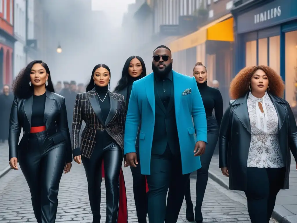 Emprendedores de moda rompiendo estereotipos en la ciudad Un grupo diverso de emprendimientos de moda desafían estereotipos, mostrando diseños únicos en una vibrante calle de la ciudad