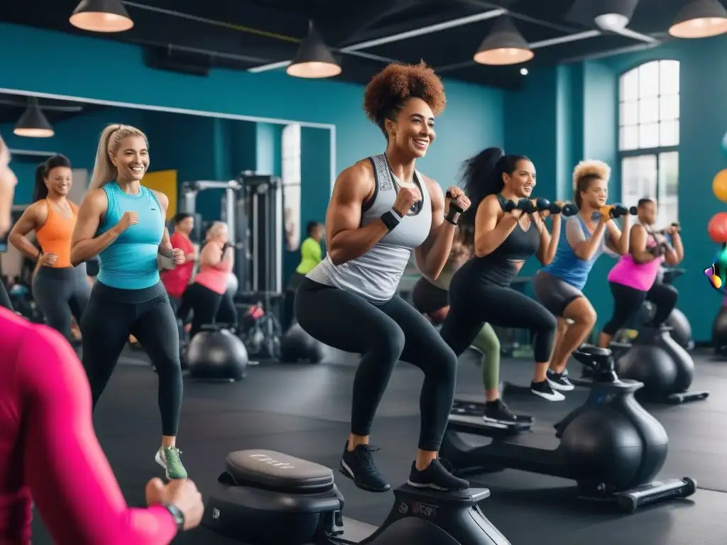 Clase fitness inclusiva: diversidad y alegría en el gimnasio Un grupo diverso disfruta de entrenamientos inclusivos para todos cuerpos en un gimnasio luminoso y acogedor