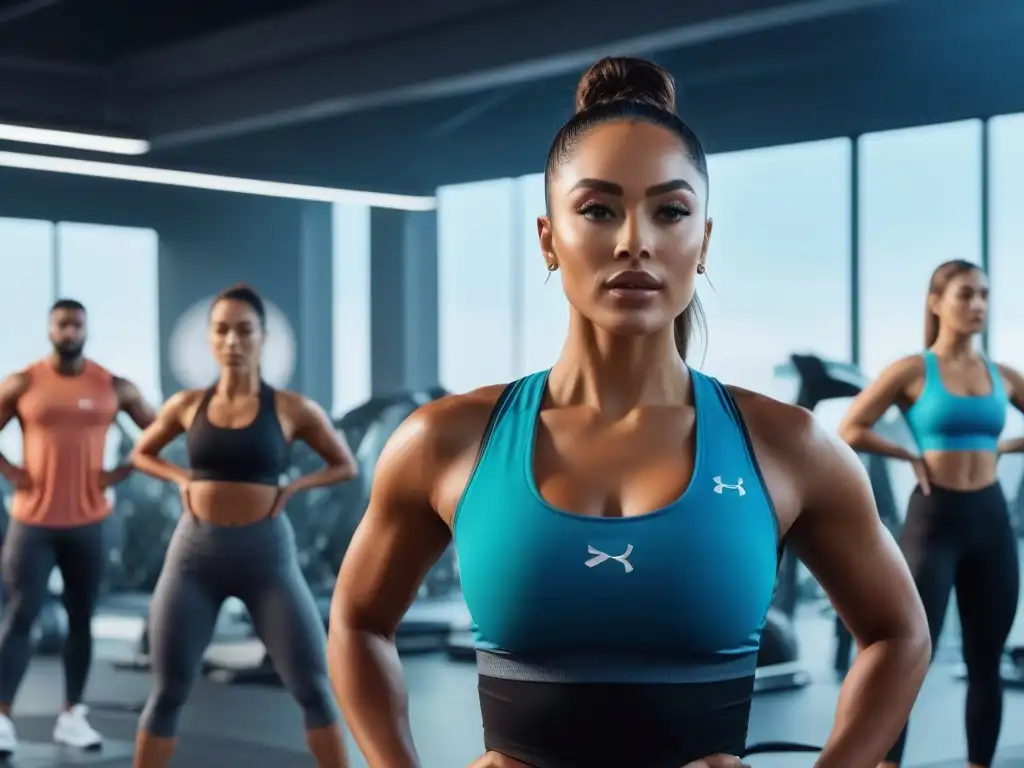 Grupo diverso de fitness: estilo, inclusividad y tecnología de vanguardia Un grupo diverso de entusiastas del fitness con wearables fitness estilo moda inclusiva en un gimnasio futurista