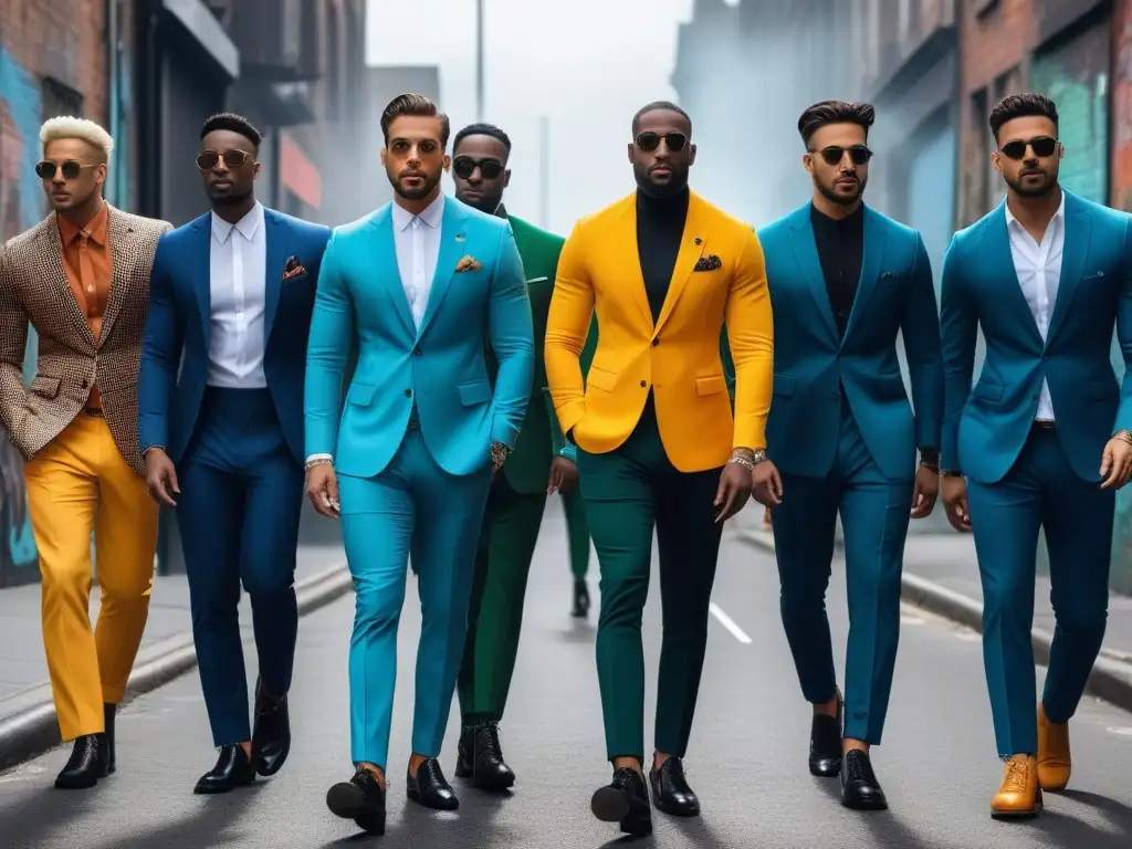 Moda inclusiva para hombres: diversidad y estilo en la ciudad Un grupo diverso y estilizado de hombres camina con confianza por la ciudad, vistiendo moda inclusiva y celebrando la individualidad