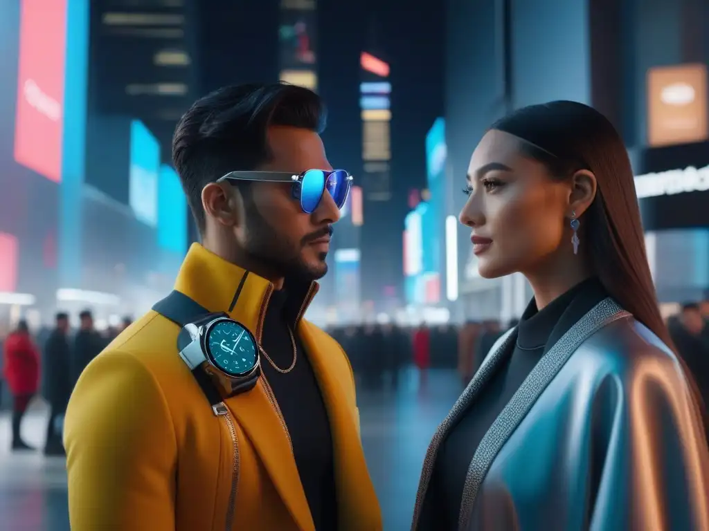 Grupo diverso con smartwatches en entorno futurista Un grupo diverso y estilizado con smartwatches y accesorios a la moda, reunidos alrededor de un hub de comunicación futurista