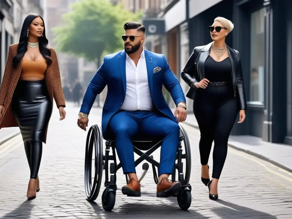 Moda inclusiva: Accesorios adaptativos de estilo para todos Un grupo diverso exhibe con estilo accesorios adaptativos en un entorno urbano moderno