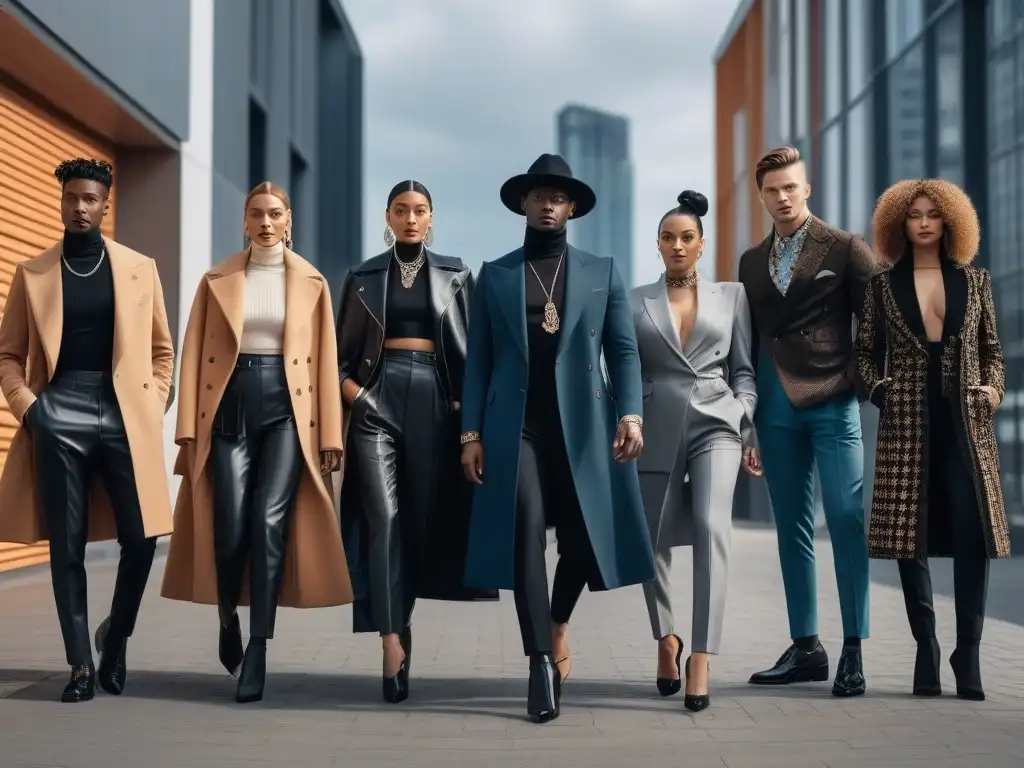 Moda inclusiva: diversidad y estilo en la ciudad Un grupo diverso posa con estilo en ambiente urbano chic, representando la moda inclusiva y su impacto en decisiones de compra del consumidor
