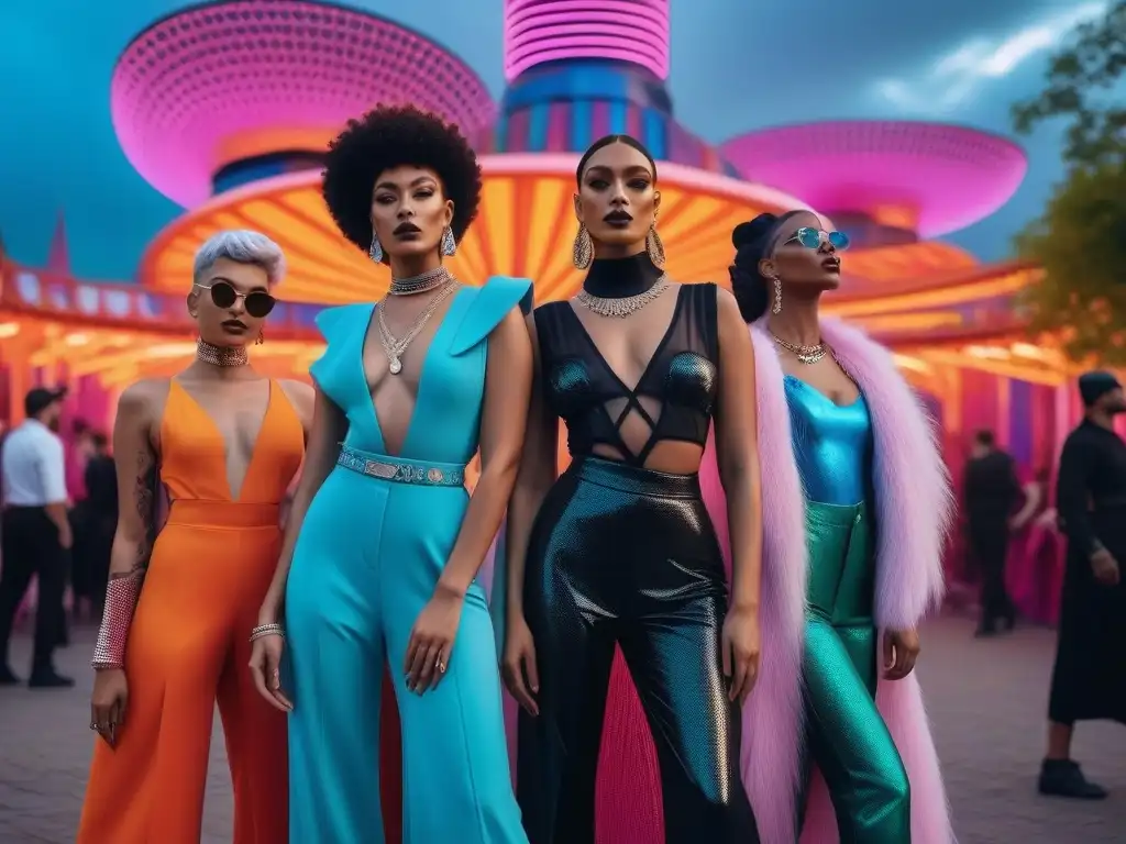 Fashionistas trans y no binarios deslumbrantes en festival Grupo diverso posa con estilo en atuendos festivaleros impactantes para personas trans, en escenario futurista y vibrante