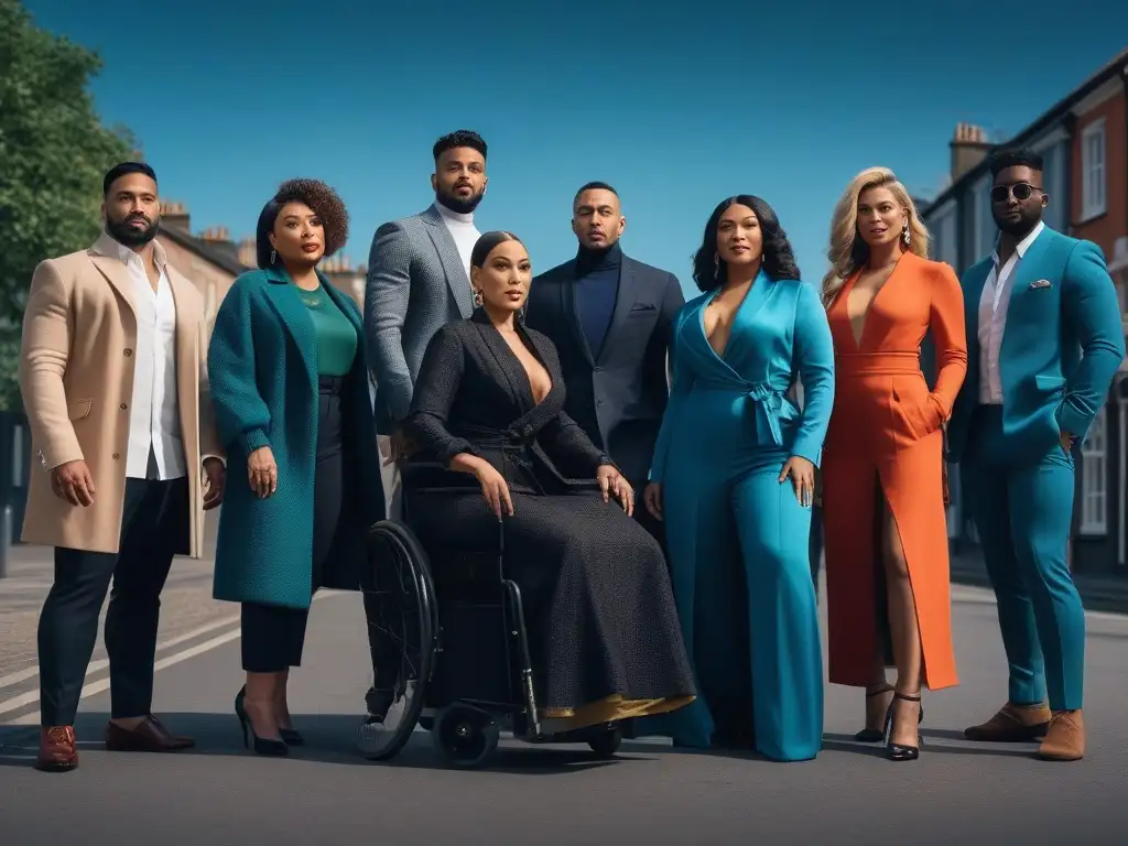Empoderamiento en moda inclusiva: diversidad y estilo en la ciudad Un grupo diverso posa con estilo y confianza en moda inclusiva y bienestar emocional en entorno urbano moderno y trendy