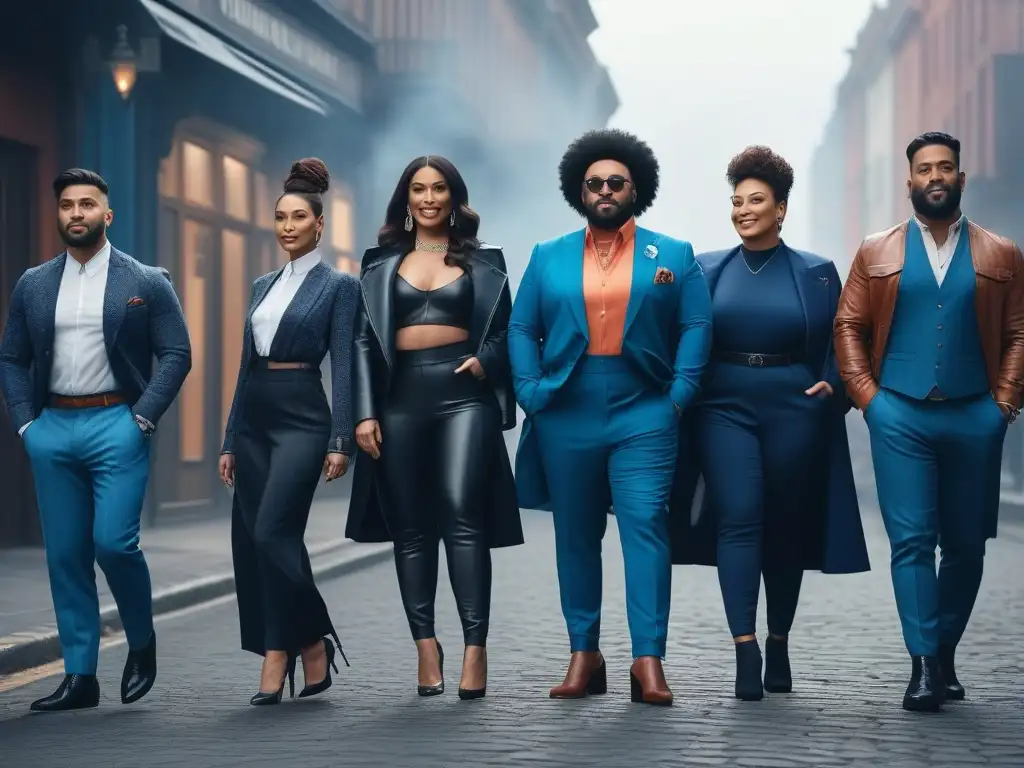 Moda adaptativa: diversidad y estilo en la ciudad Un grupo diverso posa con estilo en moda adaptativa, reflejando la unidad y celebración en comunidades online