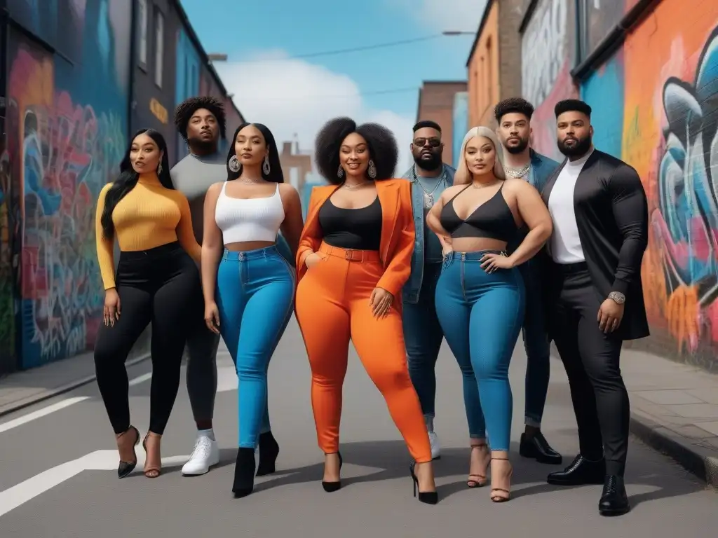Moda inclusiva: diversidad de estilos y cuerpos en la ciudad Grupo diverso posa con estilo en moda inclusiva para todos los cuerpos, transmitiendo confianza y positividad en ambiente urbano colorido