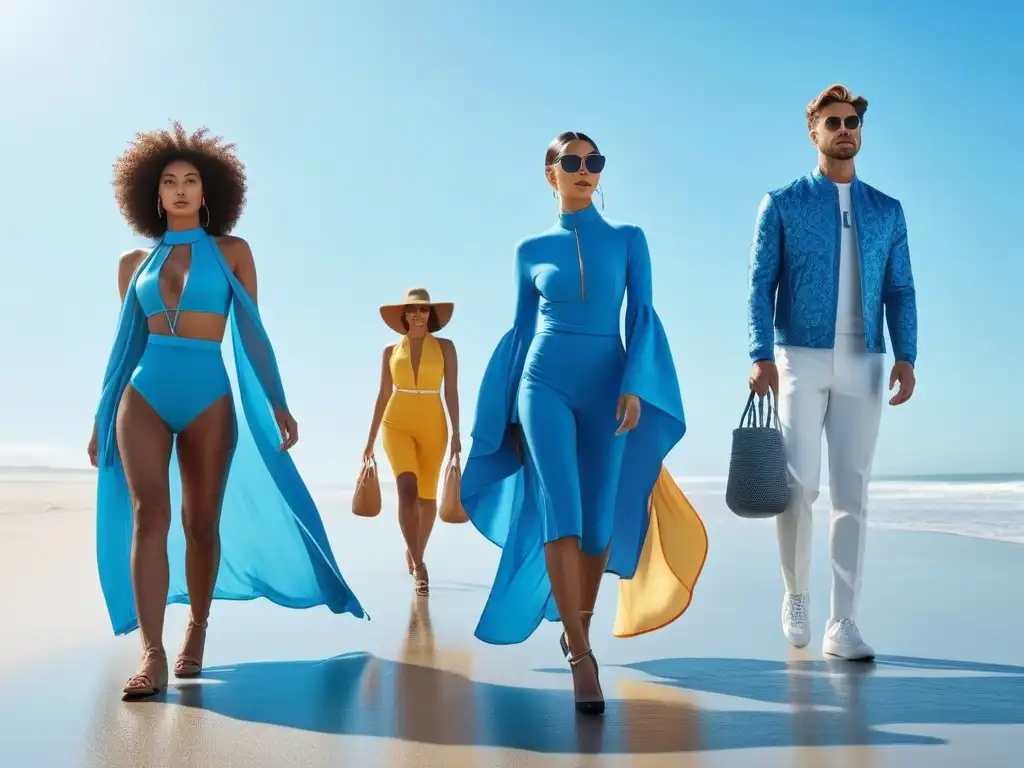 Moda solar inclusiva en paseo playero Un grupo diverso y con estilo pasea por un paseo marítimo luciendo ropa innovadora de protector solar