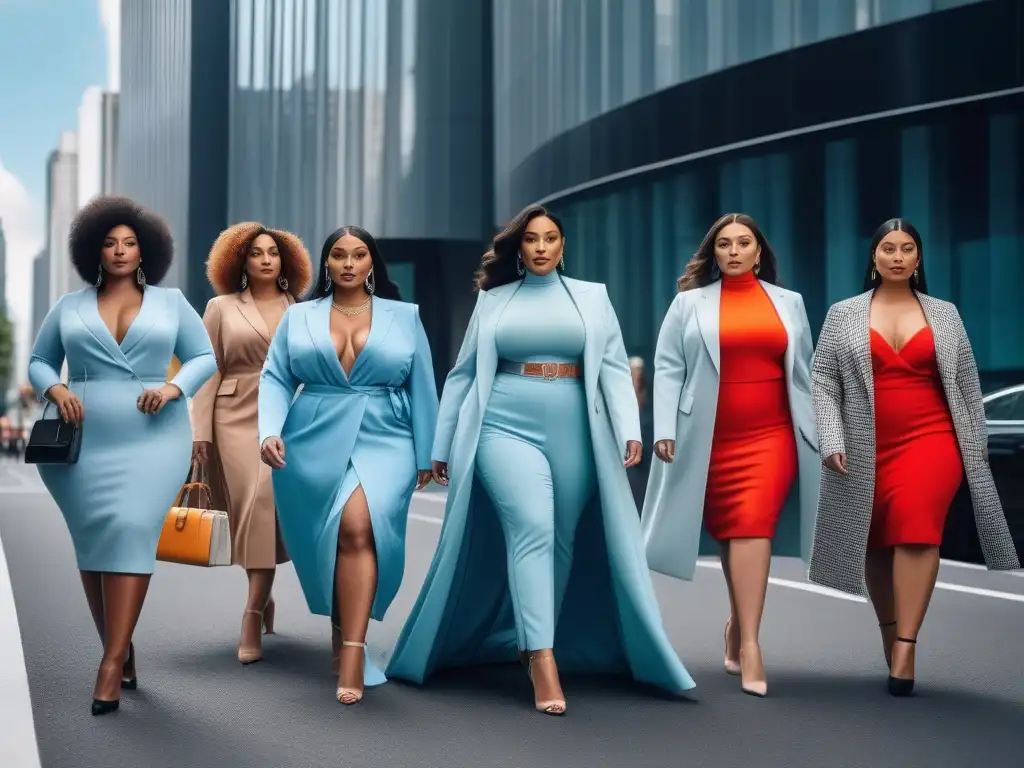 Estilo plussize: diversidad y confianza en la moda urbana Un grupo diverso con estilo propio y prendas de tallas especiales, mostrando confianza en un entorno urbano moderno
