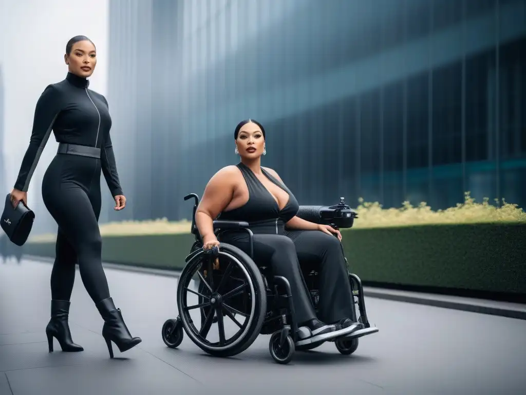 Moda inclusiva en la ciudad: diversidad y estilo adaptativo Grupo diverso con estilo propio en ropa adaptativa para diversidad corporal, reflejando inclusividad y empoderamiento en la ciudad moderna