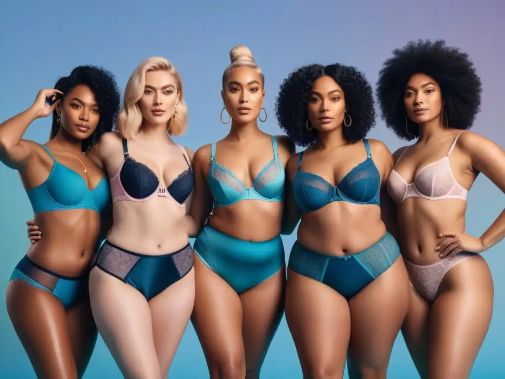 Moda inclusiva: diversidad de estilos en ropa interior Grupo diverso con estilo en ropa interior transición cuerpos diversos en estudio moderno iluminado