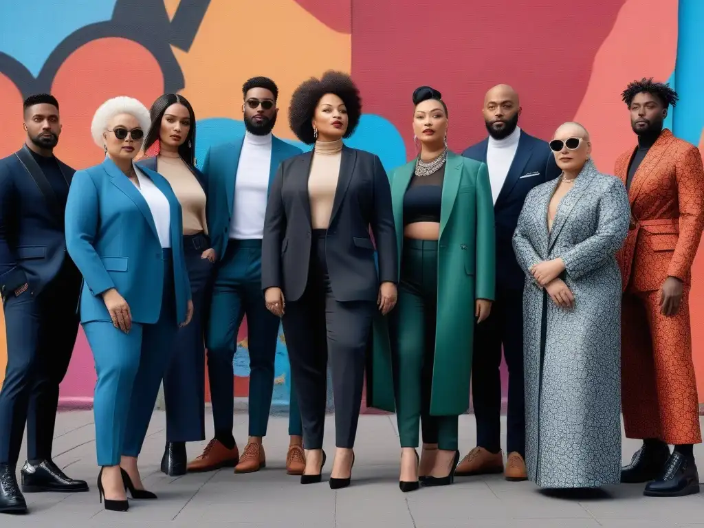 Diversidad y estilo urbano: moda inclusiva en alta resolución Un grupo diverso y seguro posa con estilo en ropa inclusiva en un entorno urbano colorido