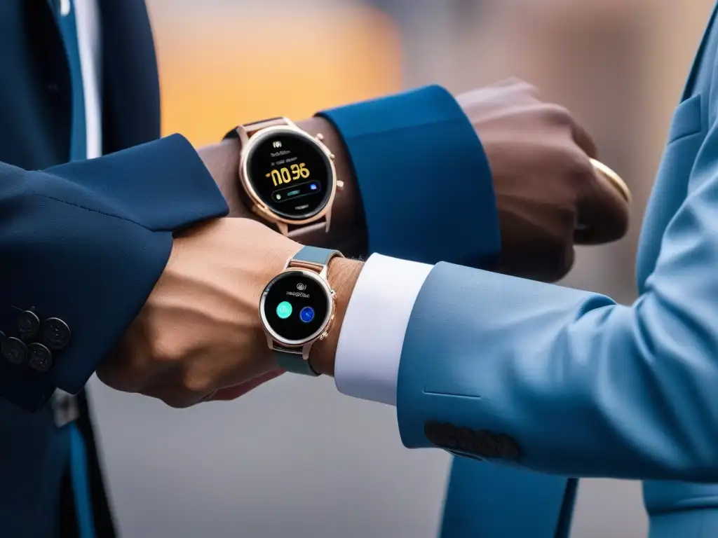 Estilo urbano: smartwatches premium en diversidad fashion Un grupo diverso con estilo usa smartwatches premium exclusivos en un entorno urbano sofisticado
