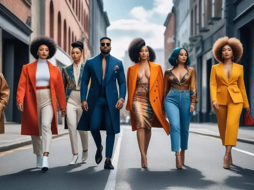 Empoderamiento y diversidad: Estilo urbano en la ciudad Un grupo diverso camina con estilo único en la ciudad, reflejando moda inclusiva y diversa individualidad