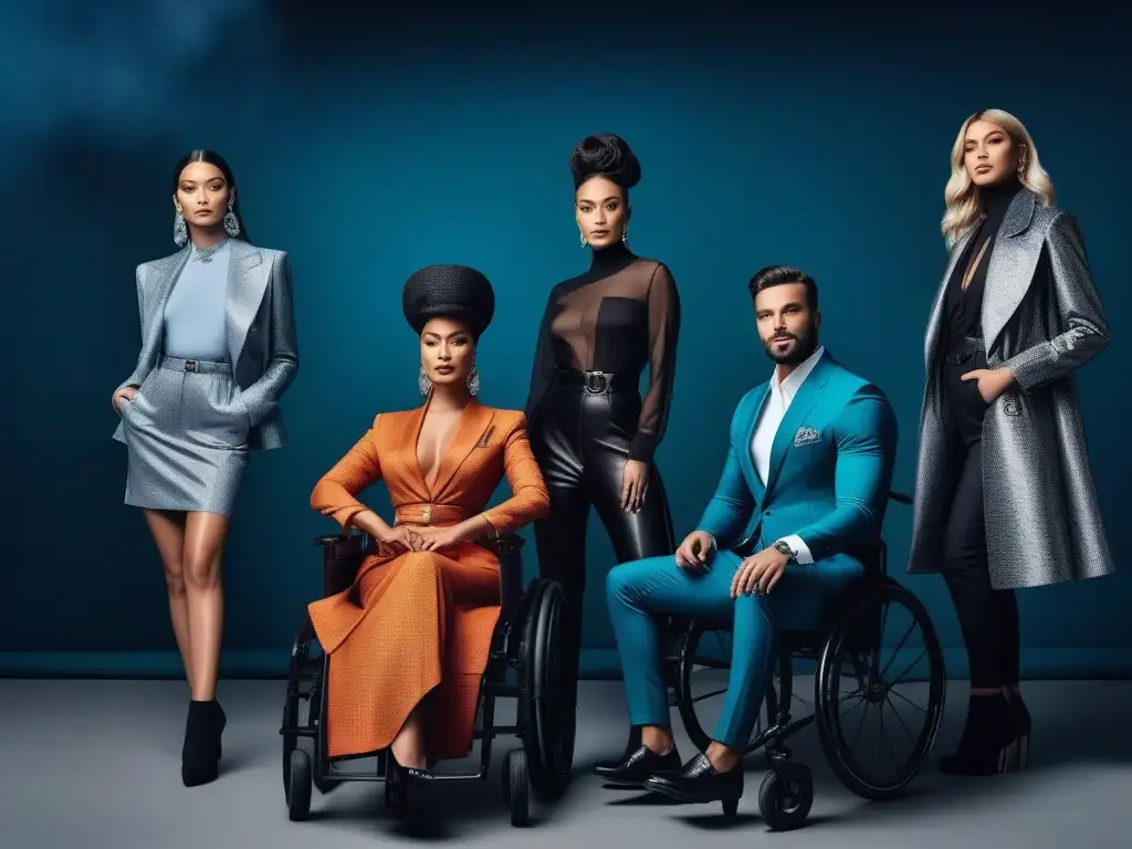 Moda de lujo inclusiva: diversidad y estilo en alta resolución Un grupo diverso con estilo único, incluyendo moda de lujo para todos, en un entorno urbano sofisticado