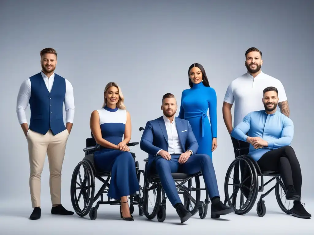 Moda inclusiva: Diseños innovadores para usuarios de silla de ruedas Grupo diverso posando con estilo en vestuario adaptativo para sillas de ruedas, mostrando confianza y empoderamiento