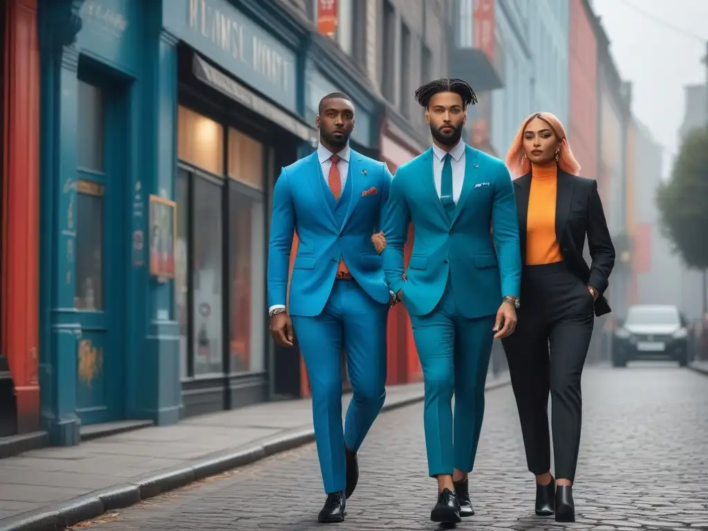 Moda diversa en la ciudad: estilo genderfluid y andrógino en movimiento Un grupo diverso desfila con estilos rompedores en la ciudad