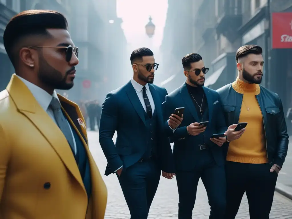 Moda inclusiva: diversidad y tecnología en la ciudad Un grupo diverso y estiloso usando aplicaciones de moda en smartphones, en una ciudad moderna