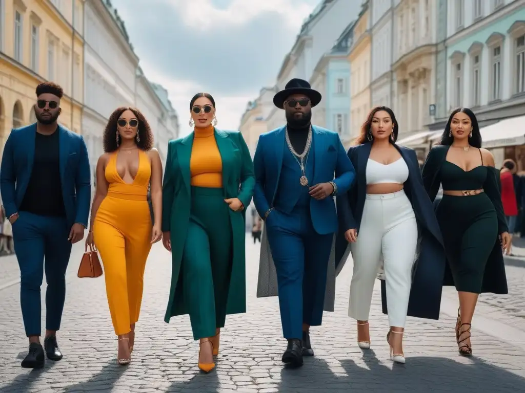Diversidad y estilo en Viena: moda inclusiva para todos Un grupo diverso y estiloso camina por una calle de Viena, mostrando inclusividad en la moda para todas las tallas