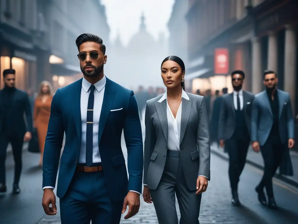 Estilo diverso y moderno en la ciudad Un grupo diverso y estiloso desfilando con confianza por la ciudad, fusionando moda unisex para todos cuerpos en un ambiente moderno y chic