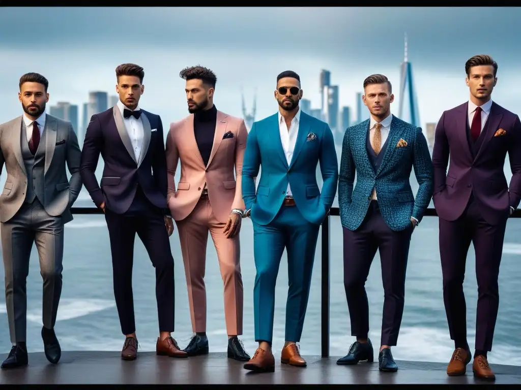 Elegancia y diversidad: Estilo masculino inclusivo en la ciudad Un grupo diverso y estiloso de hombres muestra moda masculina inclusiva en un entorno urbano moderno