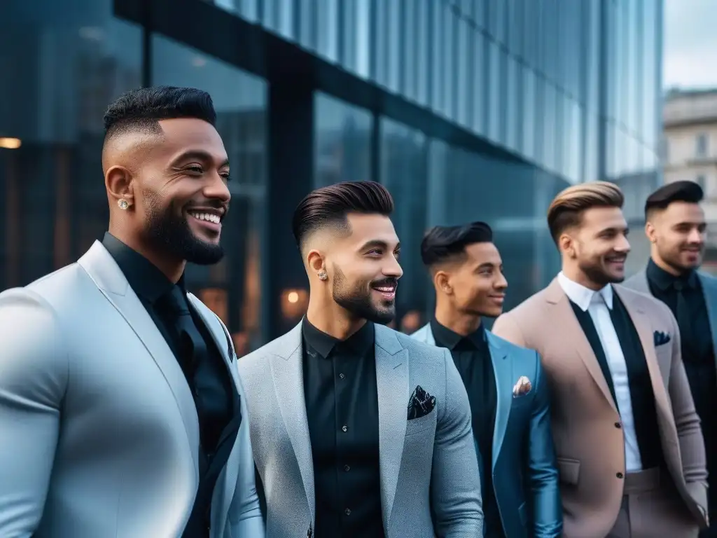 Diversidad y estilo masculino: moda inclusiva en la ciudad Un grupo diverso y estiloso de hombres posa con confianza en la ciudad, mostrando la asesoría moda masculina inclusiva