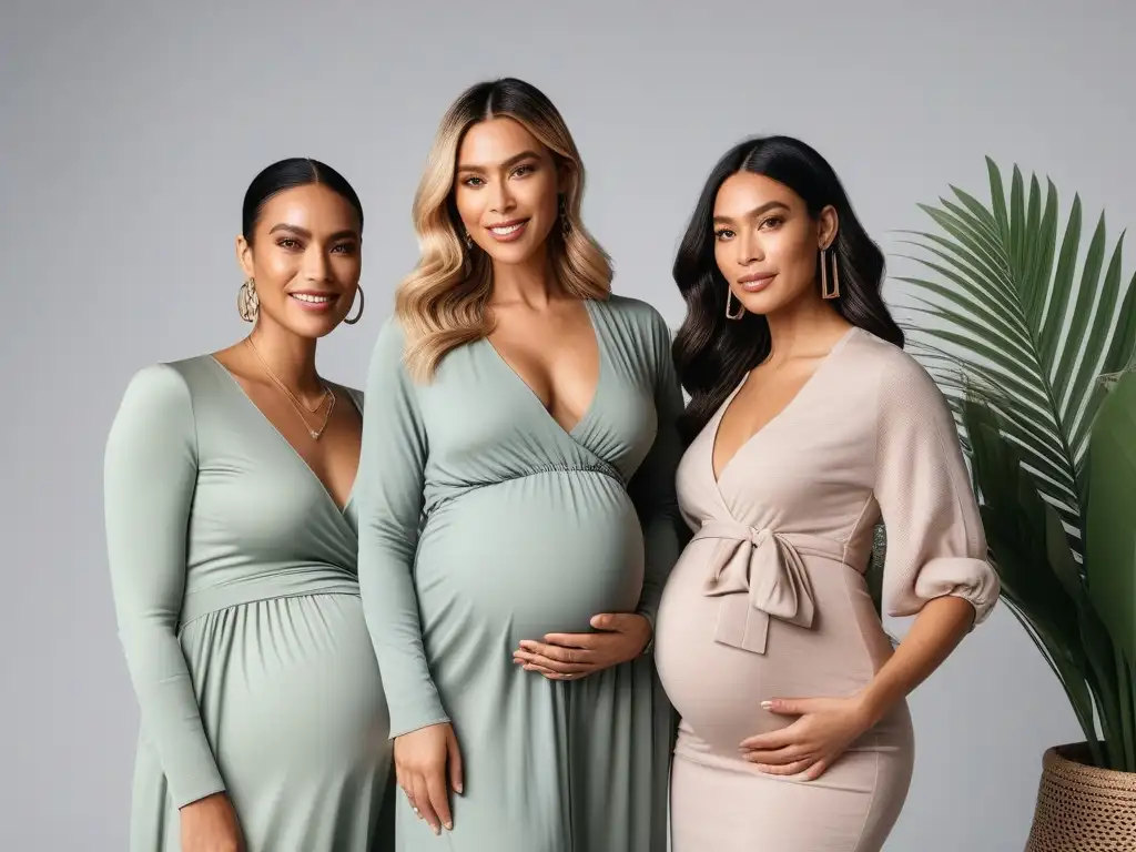 Moda premamá diversa y elegante en tonos suaves y neutros Un grupo diverso y estiloso de mujeres embarazadas, luciendo outfits de maternidad en tonos suaves y neutros en un estudio elegante y acogedor