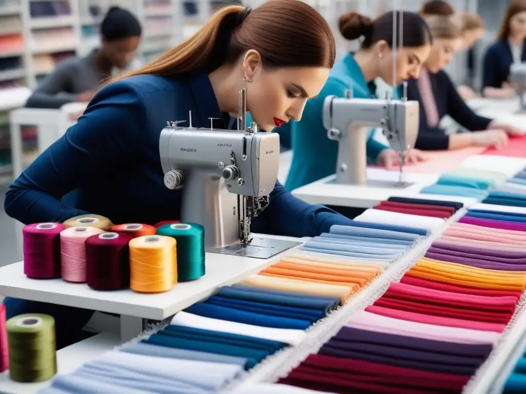 Estudiantes de moda crean con pasión: diversidad y creatividad en acción Un grupo diverso de estudiantes de diseño de moda, trabajando apasionadamente en sus creaciones textiles individuales