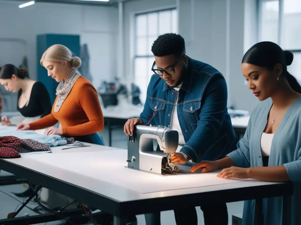 Diseñadores de moda inclusivos crean juntos en estudio vibrante Grupo diverso de estudiantes de moda creando piezas inclusivas y sostenibles en un estudio luminoso